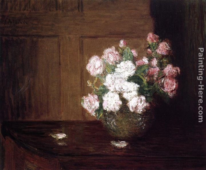 Julian Alden Weir Roses in a Silver Bowl on a Mahogany Table